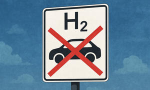 Ein KI-generiertes Bild zeigt ein Verkehrsschild, das Wasserstoff-Autos symbolisiert, aber durchgestrichen ist.