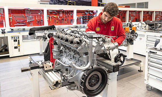 Engine in Ferrari Classiche garage