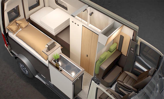 Das Bild zeigt den Wohnraum des Bürstner Habiton (2026) in der Durchsicht von schräg vorne rechts. Das Badezimmer ist nach vorne gefahren, die Betten in voller Länge im Heck.