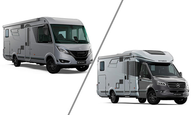 Das Bild zeigt die beiden Modelle der Hymer B-Klasse Modern Comfort (2025). Links ist das vollintegrierte Modell zu sehen, rechts das teilintegrierte.