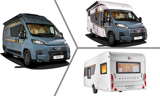 Das Bild zeigt drei B66-Sondermodelle von Bürstner: Auf der linken Seite ist der Campervan statisch von schräg vorne links zu sehen, die rechte Bildhälfte ist horizontal geteilt. Oben ist der Teilintegrierte statisch zu sehen, unten der Caravan.