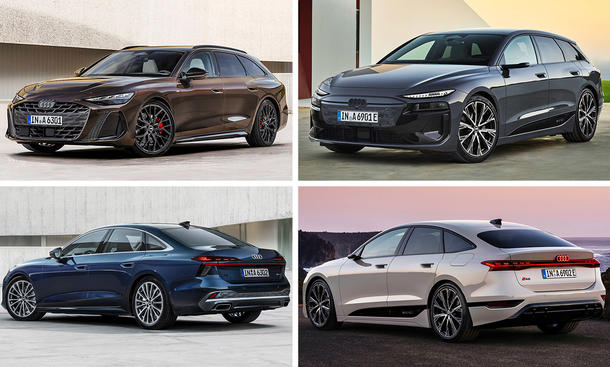 Audi A6 Avant, A6 Limousine, A6 e-tron Avant und A6 e-tron Sportback in einer Kollage zusammengefasst