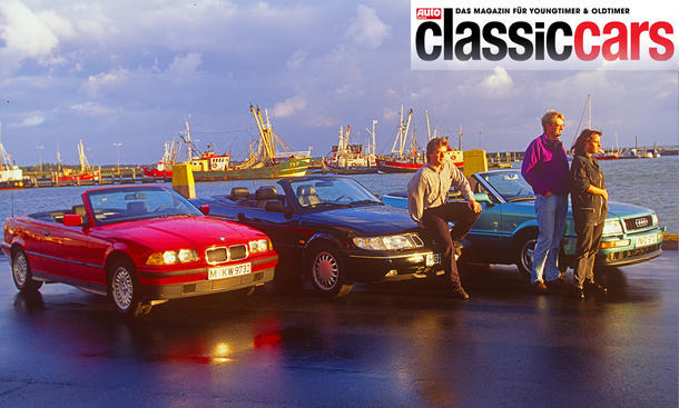 BMW 320i Cabrio, Saab 900 Cabrio und Audi Cabrio stehend von vorne