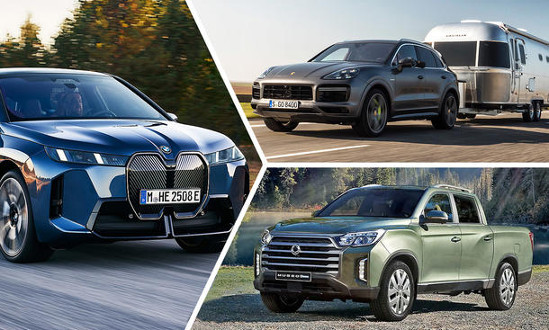 Autos mit der höchsten Anhängelast beispielhaft mit Collage aus BMW iX, Porsche Cayenne und KGM Musso dargestellt.