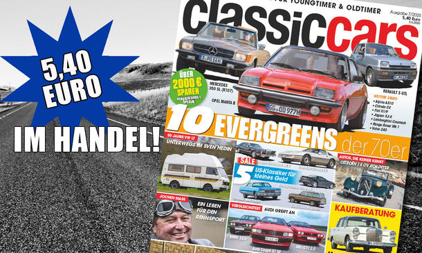 Der Titel der Classic Cars 07/2025 freigestellt in einer Fotokollage mit einer Straße im Hintergrund.