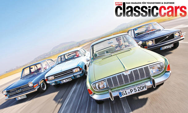 Der Ford 20 M TS/Opel Rekord 1900 S/Volvo 144 S/Glas 1700 TS fahrend von vorne fotografiert.