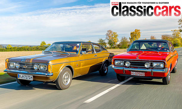 Ford Taunus GXL Coupé/Opel Rekord C Sprint fahrend von schräg vorne fotografiert. 
