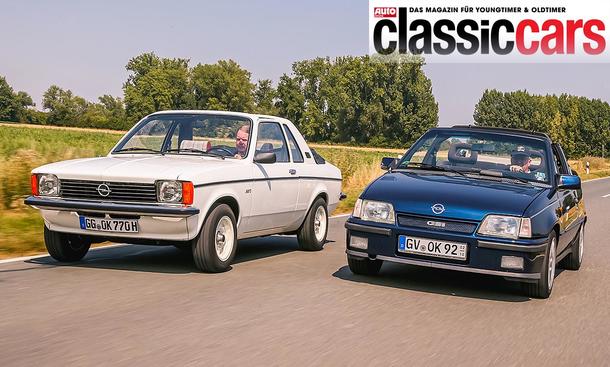 Opel Kadett C Aero/Opel Kadett E GSi Cabrio fahrend von schräg vorne fotografiert. 