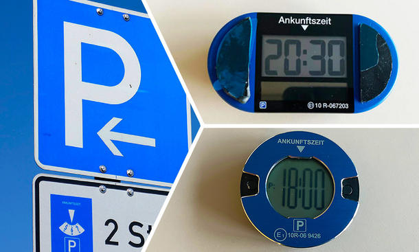 Eine Kollage die zwei elektronische Parkscheiben und ein Parken-Schild zeigt.