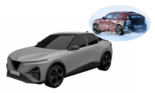 Eine Collage zeigt ein Patentbild des Alfa Romeo Stelvio (2026) und ein Erlkönigfoto.