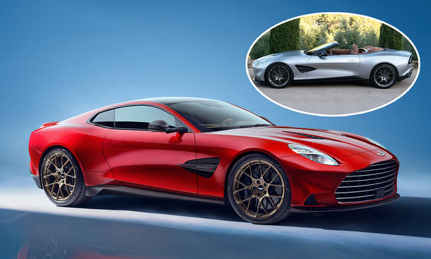 Eine Collage zeigt Aston Martin Vanquish (2024) und das Cabrio Vanquish Volante (2025).