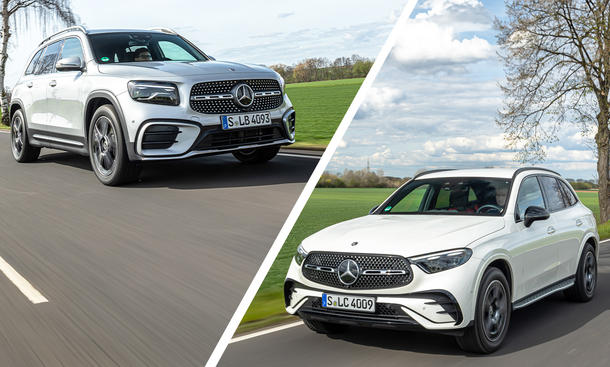 Eine Collage zeigt Mercedes GLB und GLC, die jeweils über eine Landstraße fahren und von vorne fotografiert sind.