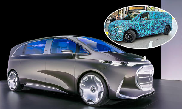 Eine Collage zeigt die Studie Mercedes Vision V (2025) und einen Erlkönig des VLE (2026).