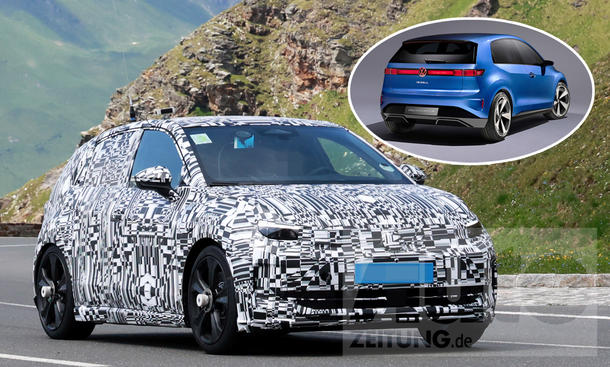 Der VW ID.2 (2025) fährt als Erlkönig durch die Alpen, von vorne rechts fotografiert. Als kleines Bild ist die Studie VW ID.2all (2023) eingeklinkt.