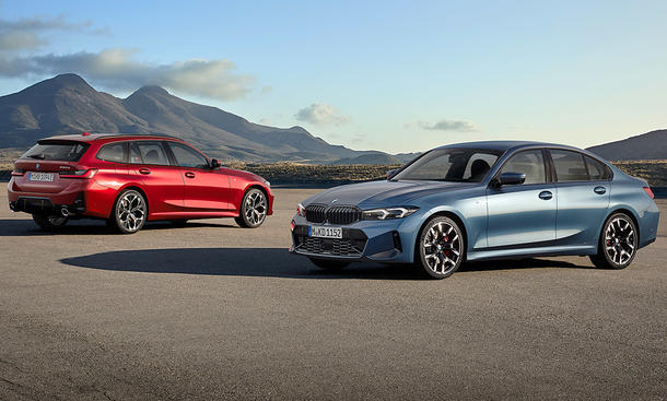 BMW 3er (Touring) Facelift (2024); stehend; BMW 3er Touring Heckansicht, BMW 3er Limousine Frontansicht