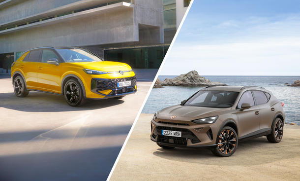 Eine Collage zeigt VW T-Roc und Cupra Formentor, die statisch von schräg von vorne abgebildet sind. 