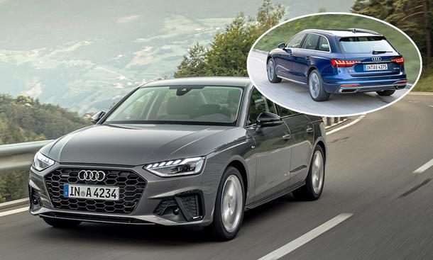 Der Audi A4 (2019) fährt vor einem Gebirgspanorama eine Straße entlang, eingeklinkt ein kleines Foto des Audi A4 Avant (2019).