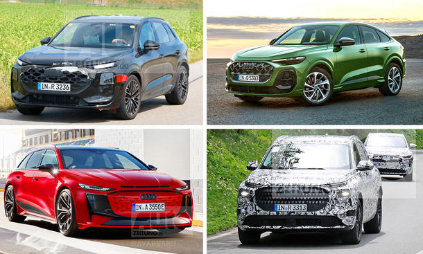 Audi-Neuheiten 2025: Collage zeigt Audi Q3 (oben links), Audi Q5 Sportback (oben rechts), Audi Q7 (unten rechts) und Audi RS 6 e-tron.