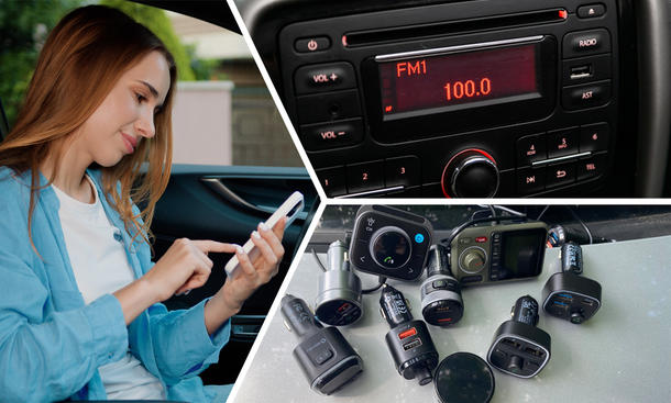 Eine Kollage die ein Frau am Handy, ein Autoradio und die Bluetooth-FM-Transmitter zeigt.