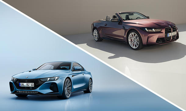Der Bovensiepen Zagato und das BMW M4 Cabrio jeweils von schräg vorne fotografiert.