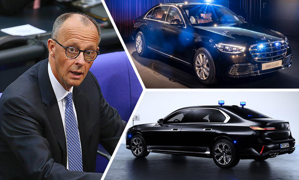 Bundeskanzler Friedrich Merz und seine zwei potentiellen Dienstwagen, ein BMW 760i Protection (unten) oder ein Mercedes S 680 Guard.
