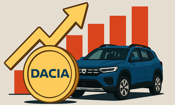Dacias Geschichte und Erfolgsstory: Symbolbild zeigt Säulengrafik mit steigender Tendenz, einen Pfeil, der nach oben zeigt, sowie angedeutet ein Dacia-Modell. Alles Comic-haft gezeichnet.
