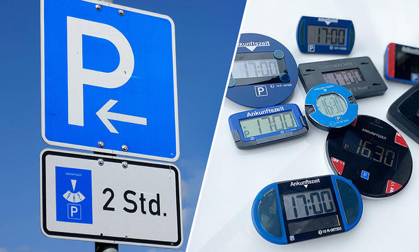 Kollage mit Verkehrsschild zu zeitbegrenztem Parken und elektronischen Parkscheiben im Test, fotografiert auf der Motorhaube eines Autos.