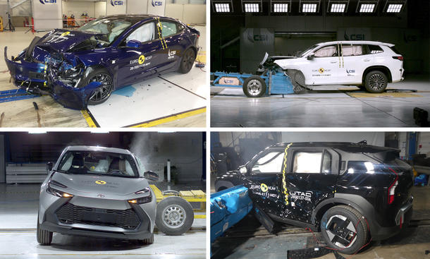 Neueste Euro NCAP-Crashtest-Ergebnisse: Symbolbild zeigt Crashtests von Tesla Model Y (oben links), VW Tayron (oben rechts), Kia EV3 (unten rechts) und Toyota C-HR.