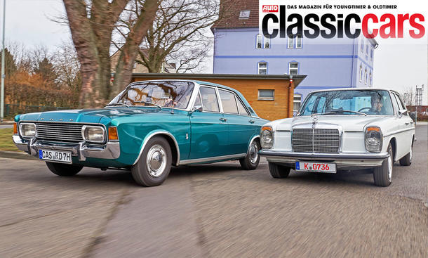 Ford 20M (P7b) und Mercedes 230.6 (W114) fahrend von vorne.