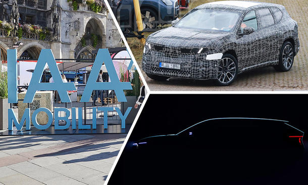 IAA 2025: Collage zeigt ein Messebild, den BMW iX3 als Erlkönig und einen Teaser zum Skoda Vision O als Schattenriss.