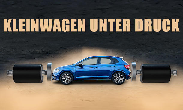 Kleinwagen unter Druck: Symbolbild zeigt VW Polo in einer Armpresse.