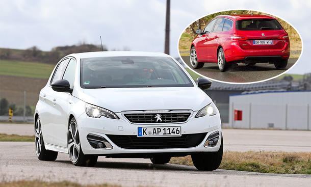 Der Peugeot 308 fährt durch eine Kurve, fotografiert von vorne. Eingeklinkt: Der Peugeot 308 SW, fahrend, von schräg hinten fotografiert.