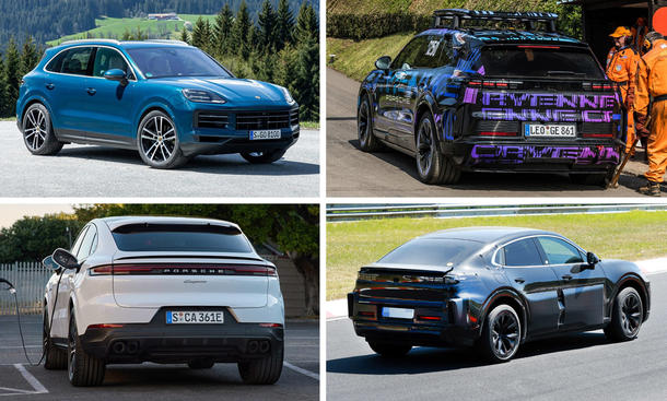 Collage zeigt den Porsche Cayenne Verbrenner als SUV und SUV-Coupé sowie den Porsche Cayenne Elektro als SUV und SUV Coupé.