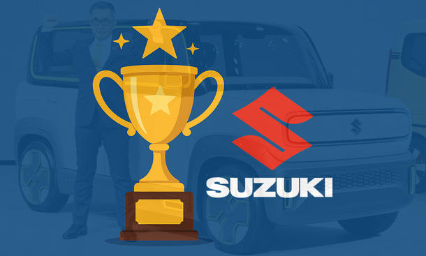Eine Grafik von einem Pokal sowie dem Suzuki-Logo, im Hintergrund ist ein Suzuki-Fahrzeug.