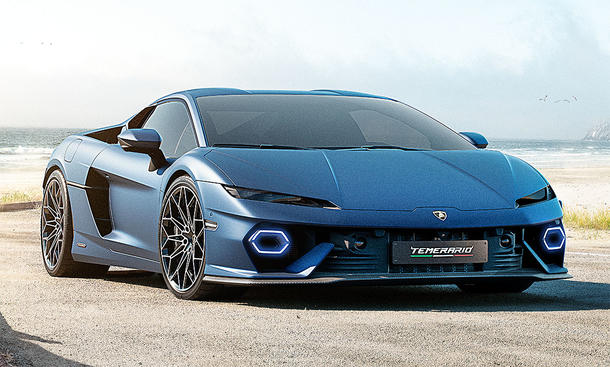 Der Lamborghini Temerario (2024) steht an einer Küste, von vorne rechts fotografiert.