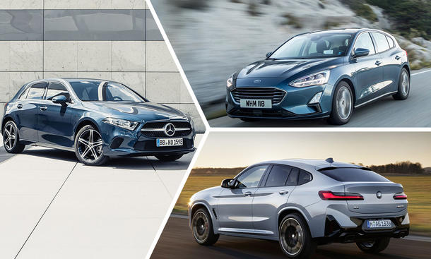 Kollage einer Mercedes A-Klasse, eines Ford Focus und eines BMW X4.