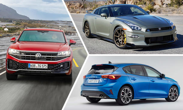 Auslaufmodelle 2025/2026: Symbolbild zeigt VW Touareg (links), Nissan GT-R (oben rechts) und Ford Focus.