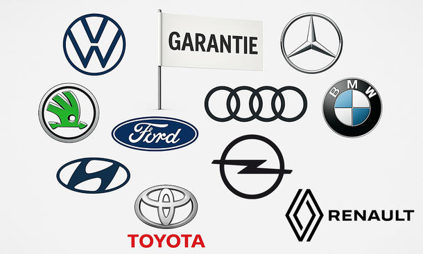 Garantie bei Neuwagen: Symbolbild zeigt diverse Logos von Autoherstellern.