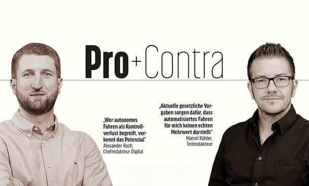 Autonomes Fahren: Unser Pro & Contra im Kommentar - AUTO ZEITUNG Autonomes Fahren: Unser Pro & Contra mit Chefredakteur Alexander Koch (links) und Testredakteur Marcel Kühler.