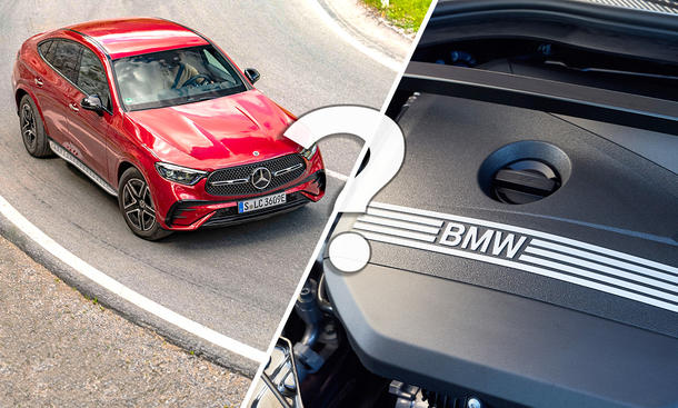 Wie Mercedes und BMW bei Motoren zusammenarbeiten könnten - Mercedes, BMW / Collage: AUTO ZEITUNG Eine Collage zeigt ein Mercedes GLC Coupé und die Nahaufnahme eines BMW-Motors. Es ist ein großes Fragezeichen hinterlegt.