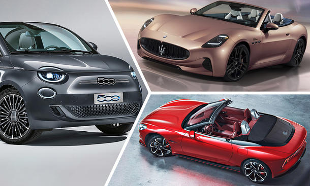 Collage aus drei Elektro-Cabrios: Fiat 500e, Maserati GranCabrio und MG Cyberster