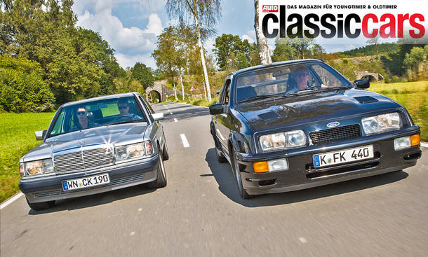 Mercedes 190 E AMG und Ford Sierra RS Cosworth fahrend von vorne