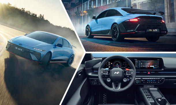 Fünf Fakten über den Hyundai Ioniq 6 N - Hyundai / Collage: AUTO ZEITUNG Eine Collage zeigt den Hyundai Ioniq 6 N von vorne, von hinten und von innen.