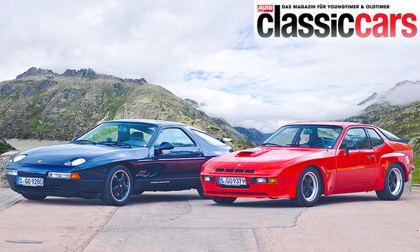 Porsche 924 Carrera GT/Porsche 928 GTS statisch von schräg vorne fotografiert. 