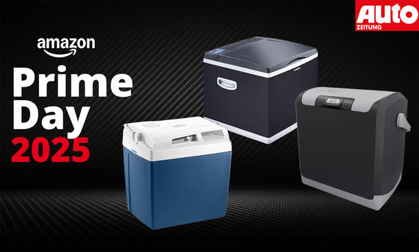 Amazon Prime Day 2025 Kühlboxen - iStock/Hersteller/Collage: AUTO ZEITUNG Das Bild zeigt drei Kühlboxen vor einem schwarzen Hintergrund.