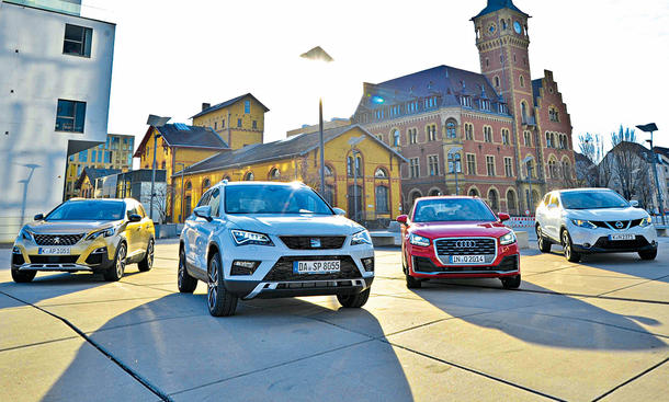 Vergleichstest der Kompakt-SUV Peugeot 3008, Audi Q2, Nissan Qashqai und Seat Ateca