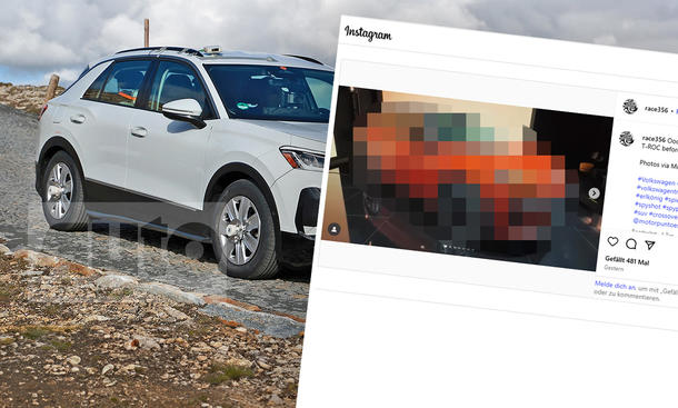 Das Foto zeigt den VW T-Roc (2025) als Prototyp auf einer Bergstraße. Davor eingeklinkt ein Screenshot des Instagram-Posts mit dem verfremdeten Leak des Serienmodells.
