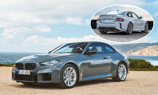 Eine Collage zeigt das BMW M2 Facelift (2024) und den M2 CS (2025).