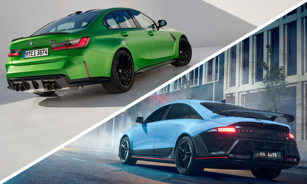 Eine Collage zeigt BMW M3 und Hyundai Ioniq 6 N statisch von hinten fotografiert.