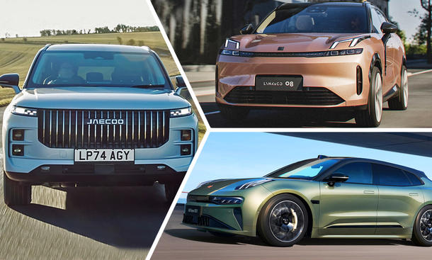 Automodelle aus China in Deutschland in einer Collage aus Jaecoo J7, Lynk & Co 08 und Zeekr 001.